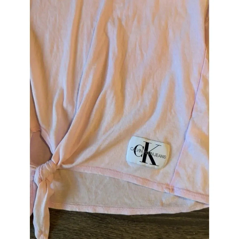 Calvin Klein Jeans Pink Tie Front Crop Tee Logo Patch Y2K Preppy Women Size L - Picture 3 of 11